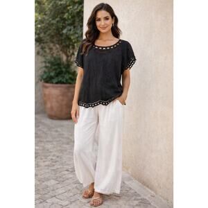 Women's Jane Ashley Black Embroidered Floral FairycoreRayon Top Cutouts VTG Sz L